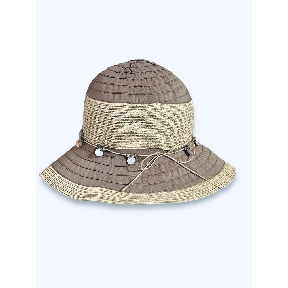 Laura Biagiotti Beach Sun Hat Beige & Straw w/ Beaded Shell Accents